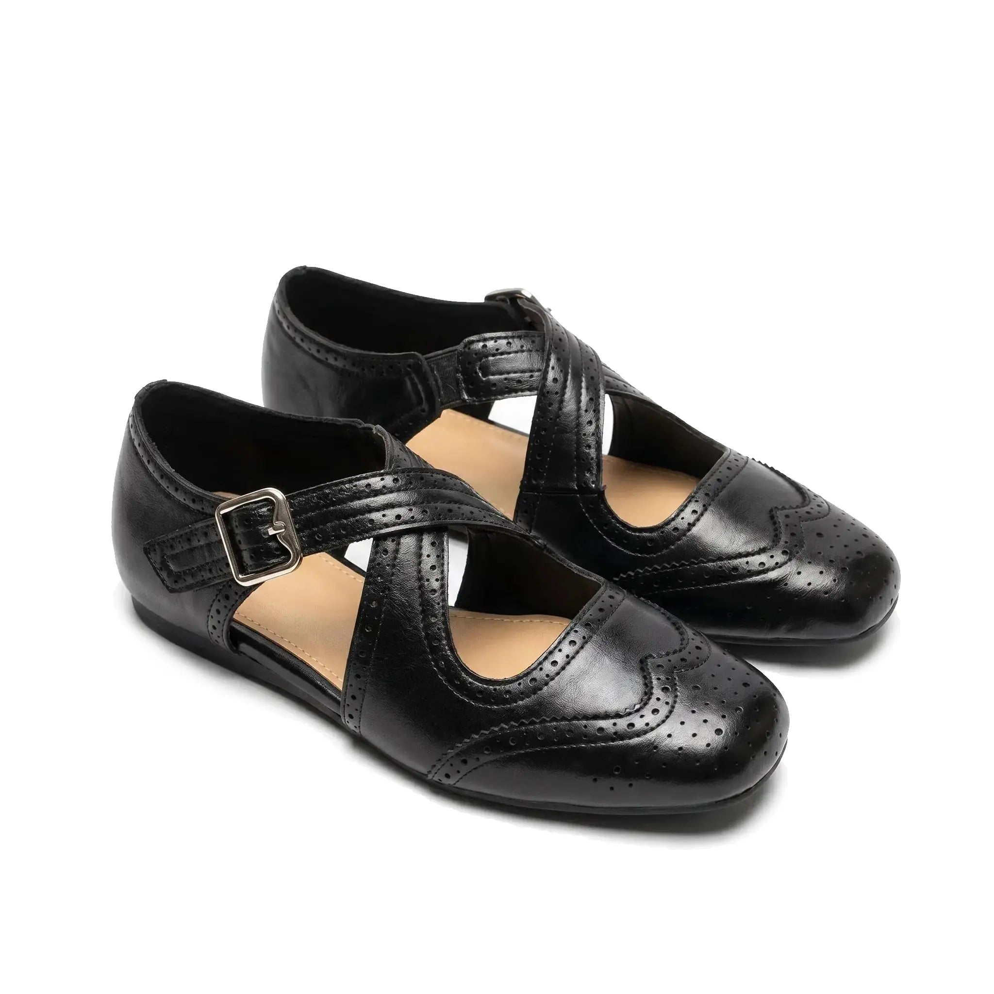 ZQW Western Cross Flats in black, pair 45-degree view – matching western style cross strap sandals, closed toe, perfect for summer