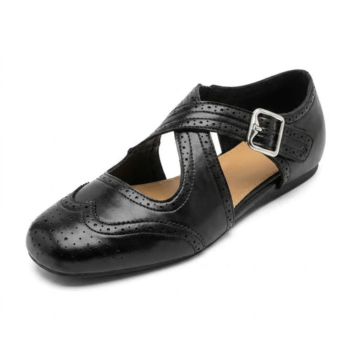 ZQW Western Cross Flats in black, 45-degree angle view – crisscross straps with hook & loop closure, closed square toe, vegan leather western flat sandal
