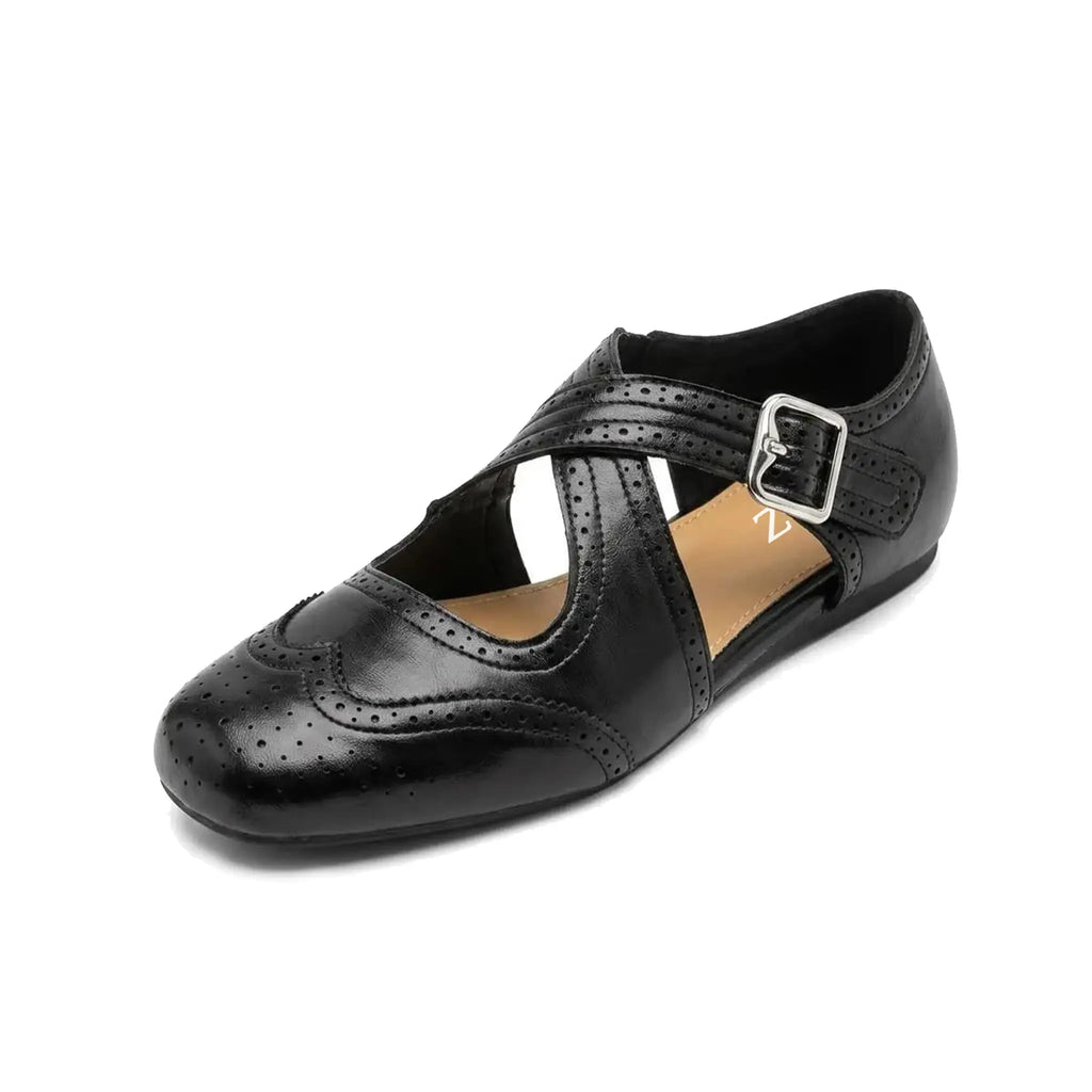 ZQW Western Cross Flats in black, 45-degree angle view – crisscross straps with hook & loop closure, closed square toe, vegan leather western flat sandal