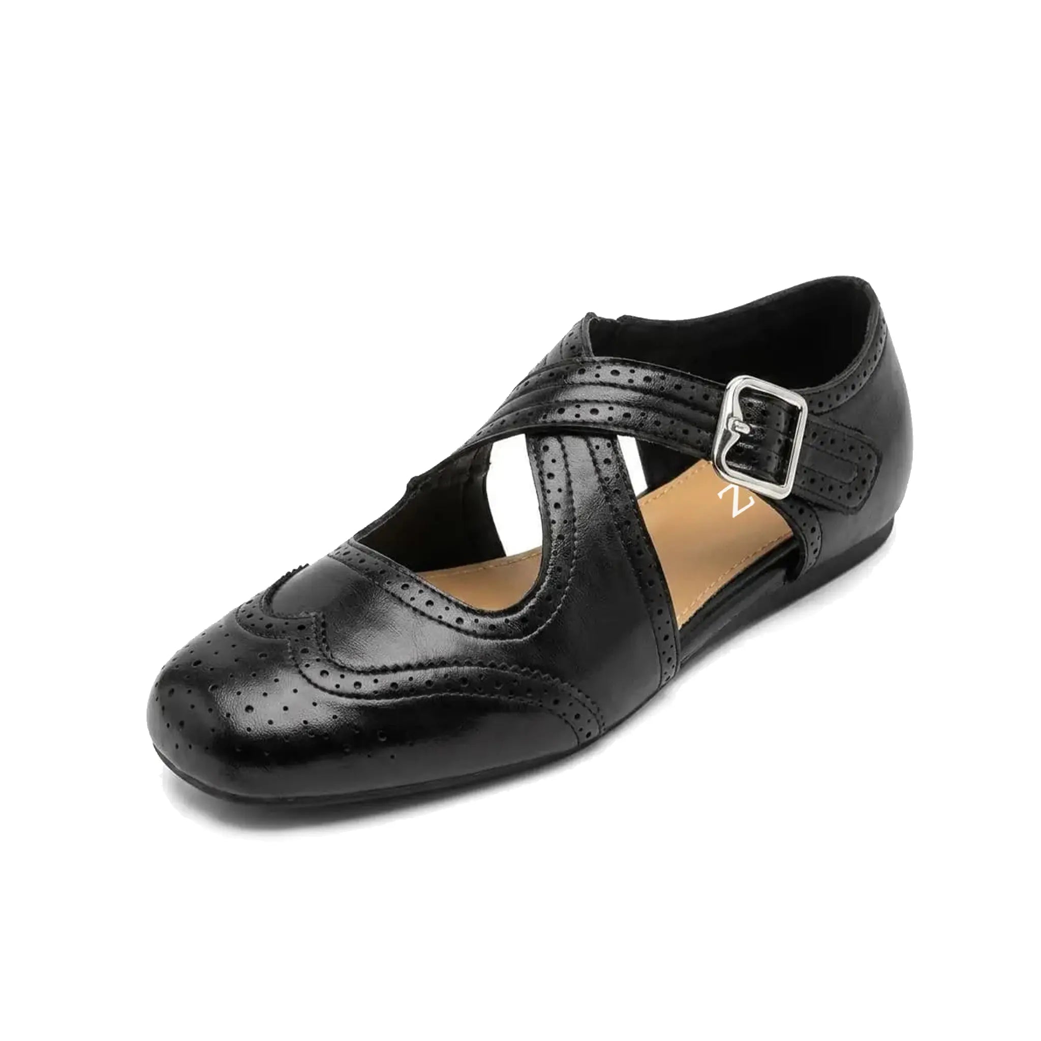 ZQW Western Cross Flats in black, 45-degree angle view – crisscross straps with hook & loop closure, closed square toe, vegan leather western flat sandal