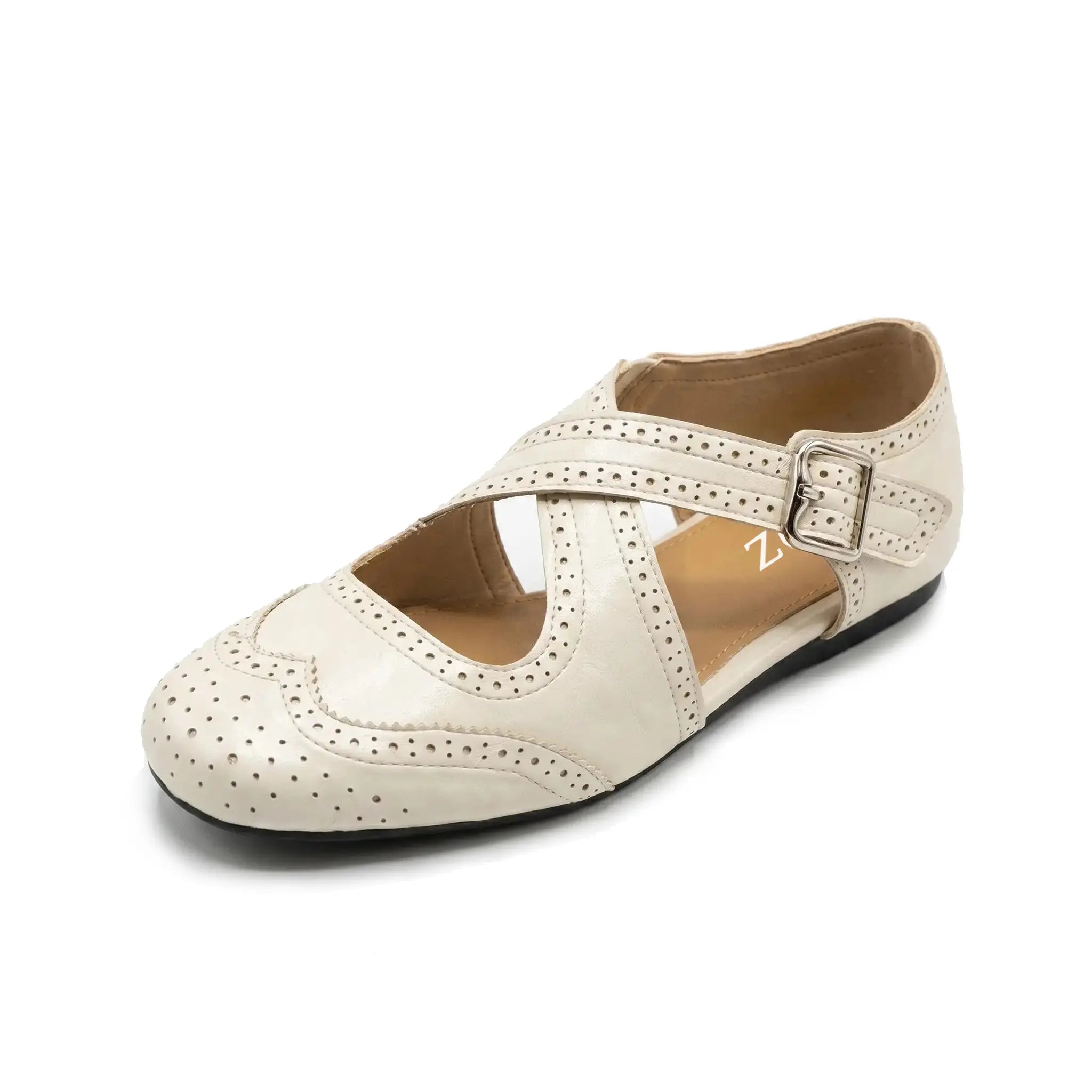 ZQW Western Cross Flats in white, 45-degree angle view – crisscross straps with hook & loop closure, closed square toe, vegan leather western flat sandal