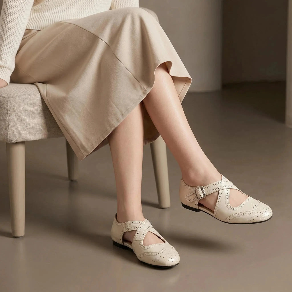 ZQW Western Cross Flats in white, worn on feet close-up – crisscross straps hugging the foot, easy hook & loop fit, wide-foot friendly