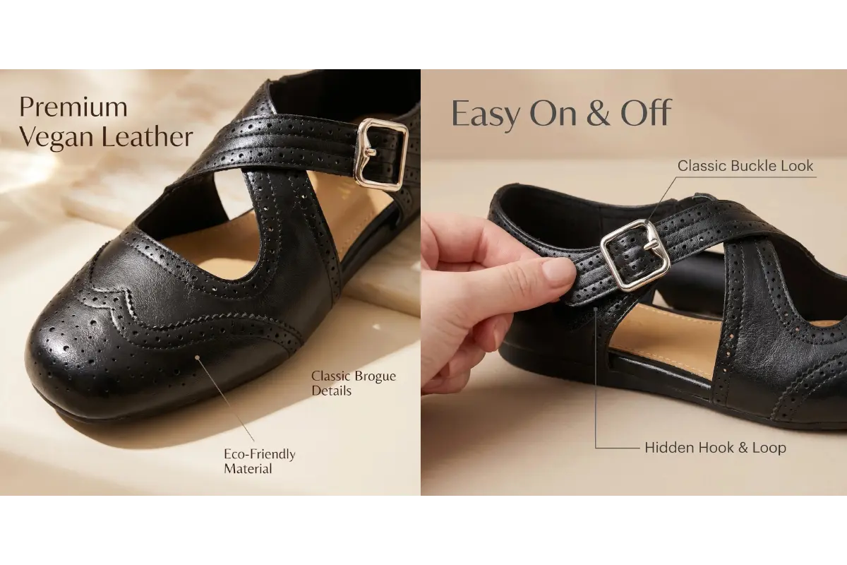 Black vegan leather shoes with a buckle on a beige background