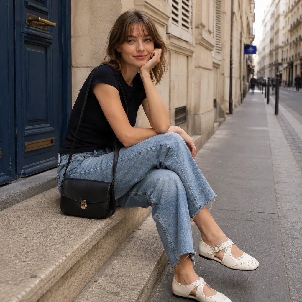 ZQW Western Cross Flats in white, model wearing – casual western flat sandals paired with summer outfit, comfortable all-day wear