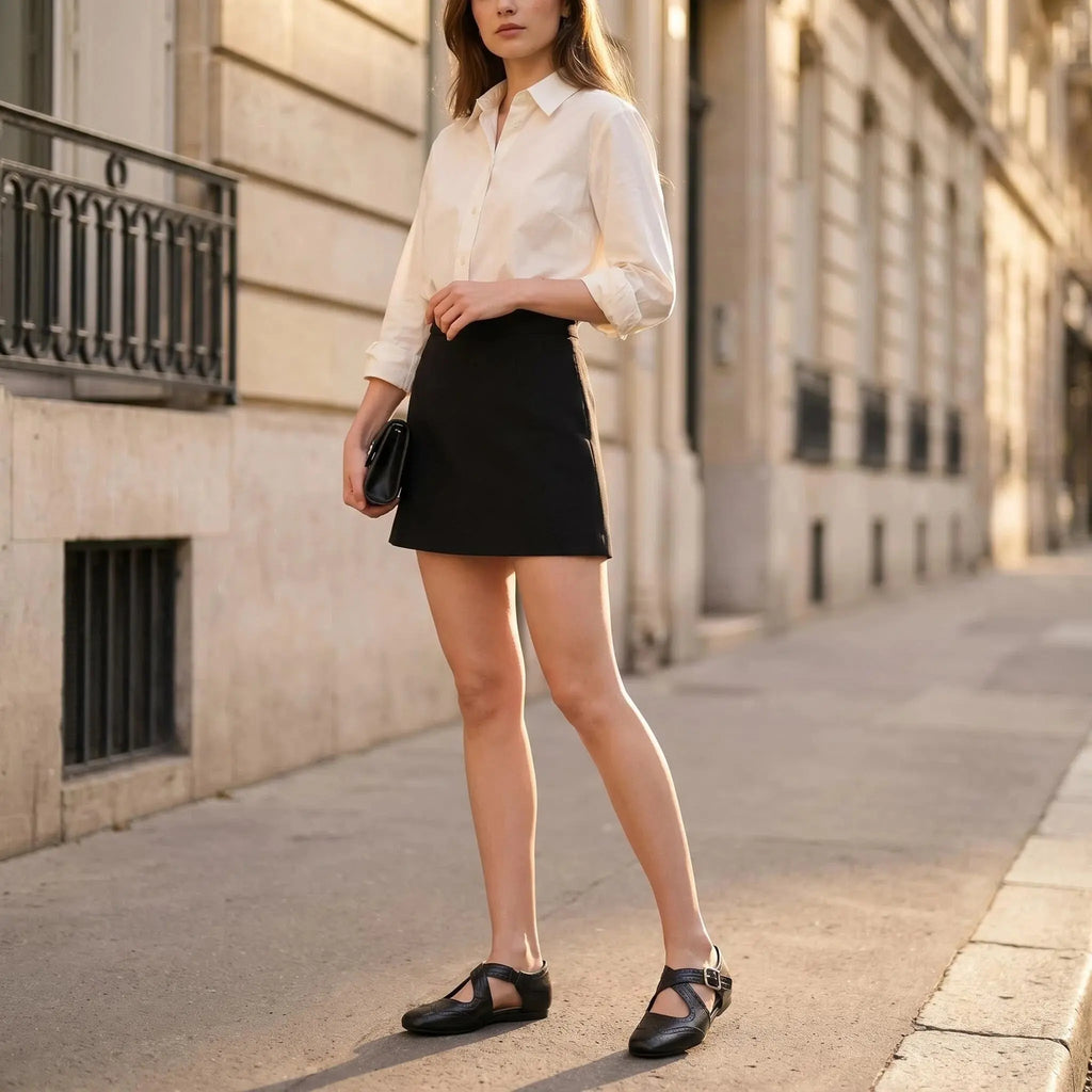 ZQW Western Cross Flats in black, model wearing – casual western flat sandals paired with summer outfit, comfortable all-day wear

