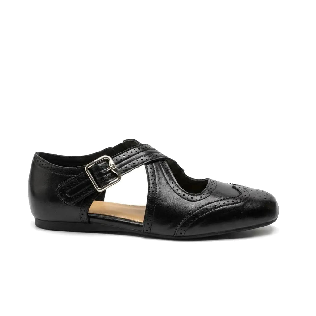 ZQW Western Cross Flats in black, side view – low profile flat sandal with cushioned insole, anti-slip rubber outsole, adjustable hook & loop straps