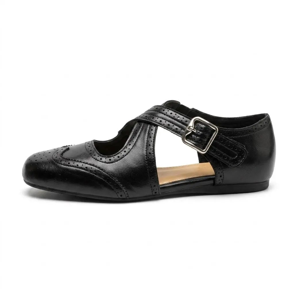 ZQW Western Cross Flats in black, side view – low profile flat sandal with cushioned insole, anti-slip rubber outsole, adjustable hook & loop straps
