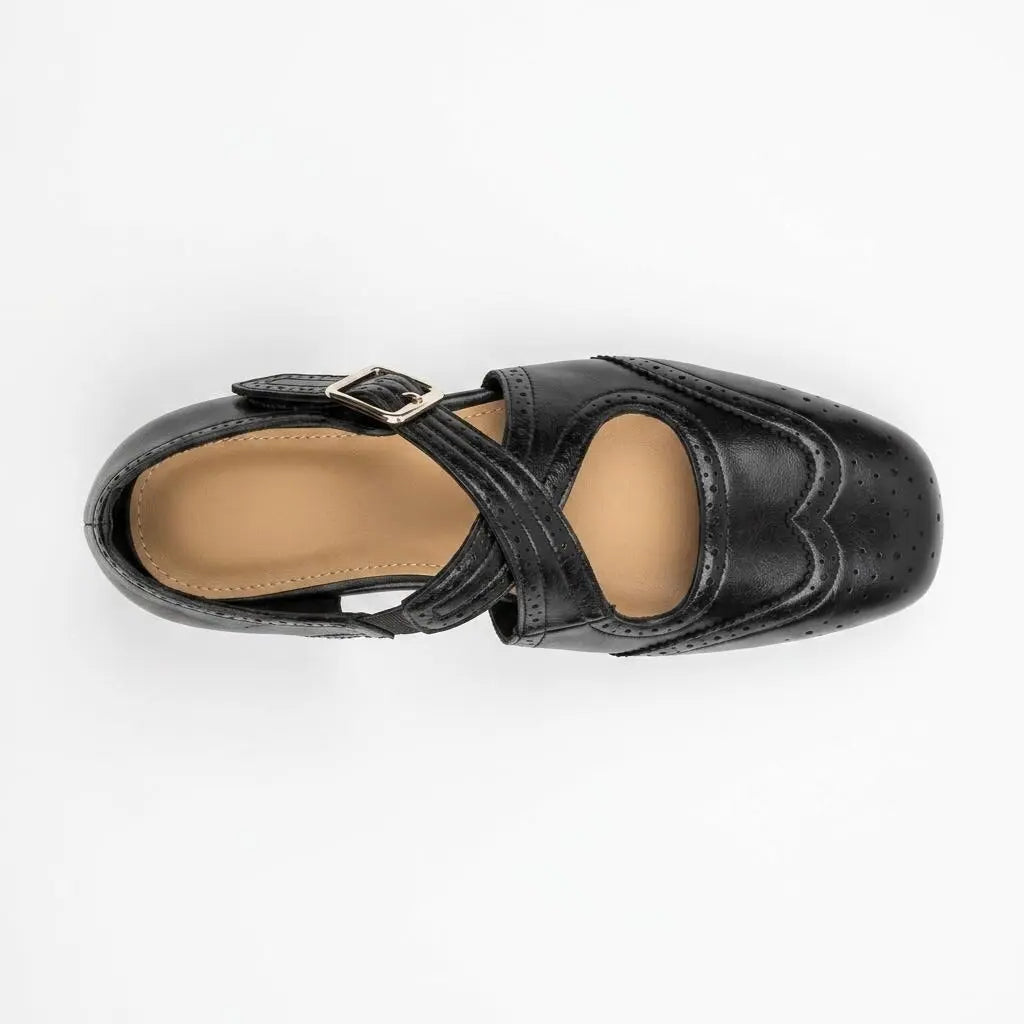 ZQW Western Cross Flats in black, top view – cross strap design, square toe, breathable vegan leather upper, hook & loop closure
