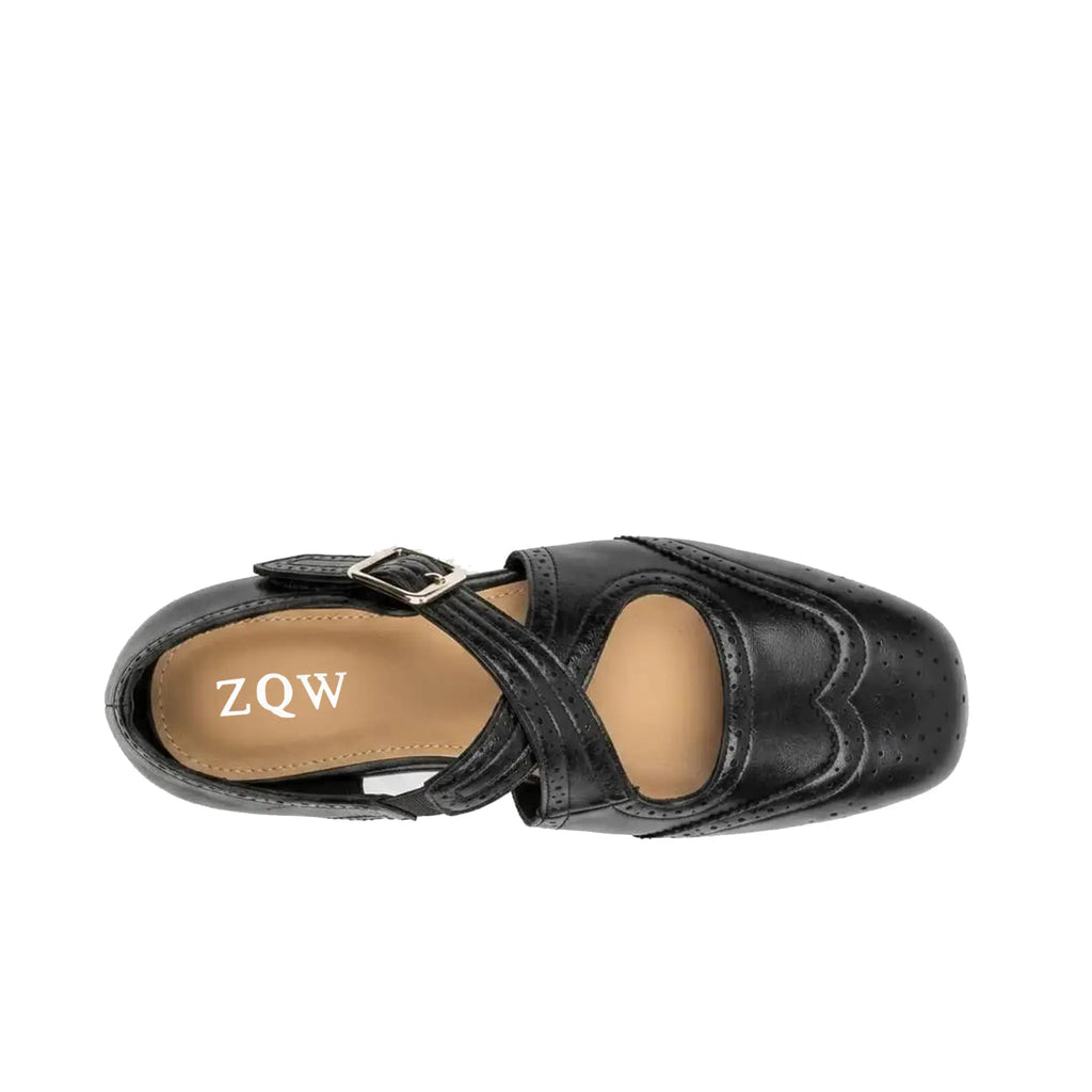 ZQW Western Cross Flats in black, top view – cross strap design, square toe, breathable vegan leather upper, hook & loop closure