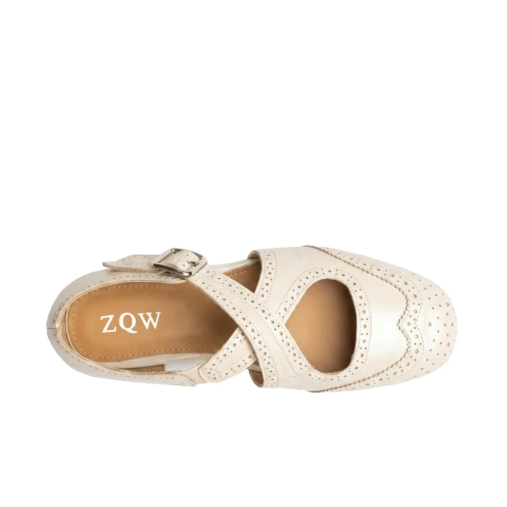 ZQW Western Cross Flats in white, top view – cross strap design, square toe, breathable vegan leather upper, hook & loop closure