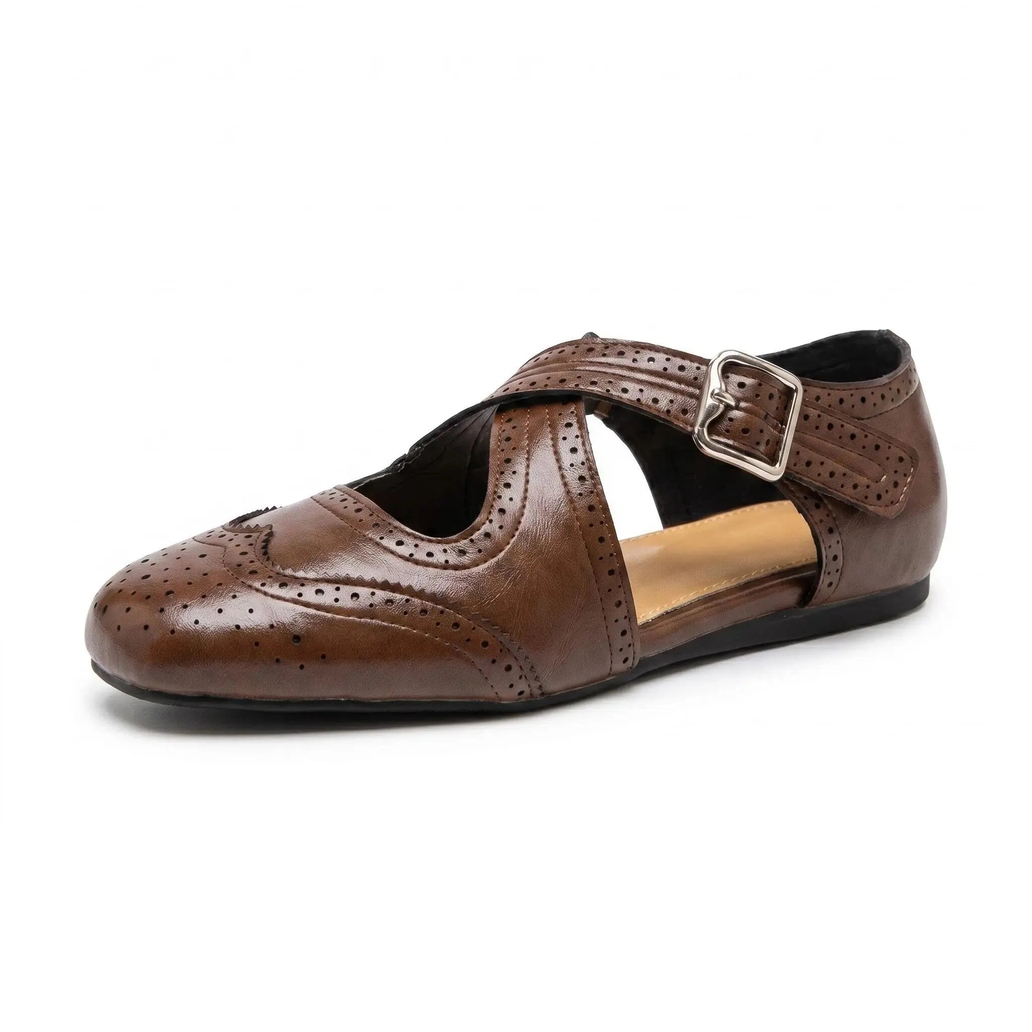 ZQW Western Cross Flats in brown, 45-degree angle view – crisscross straps with hook & loop closure, closed square toe, vegan leather western flat sandal