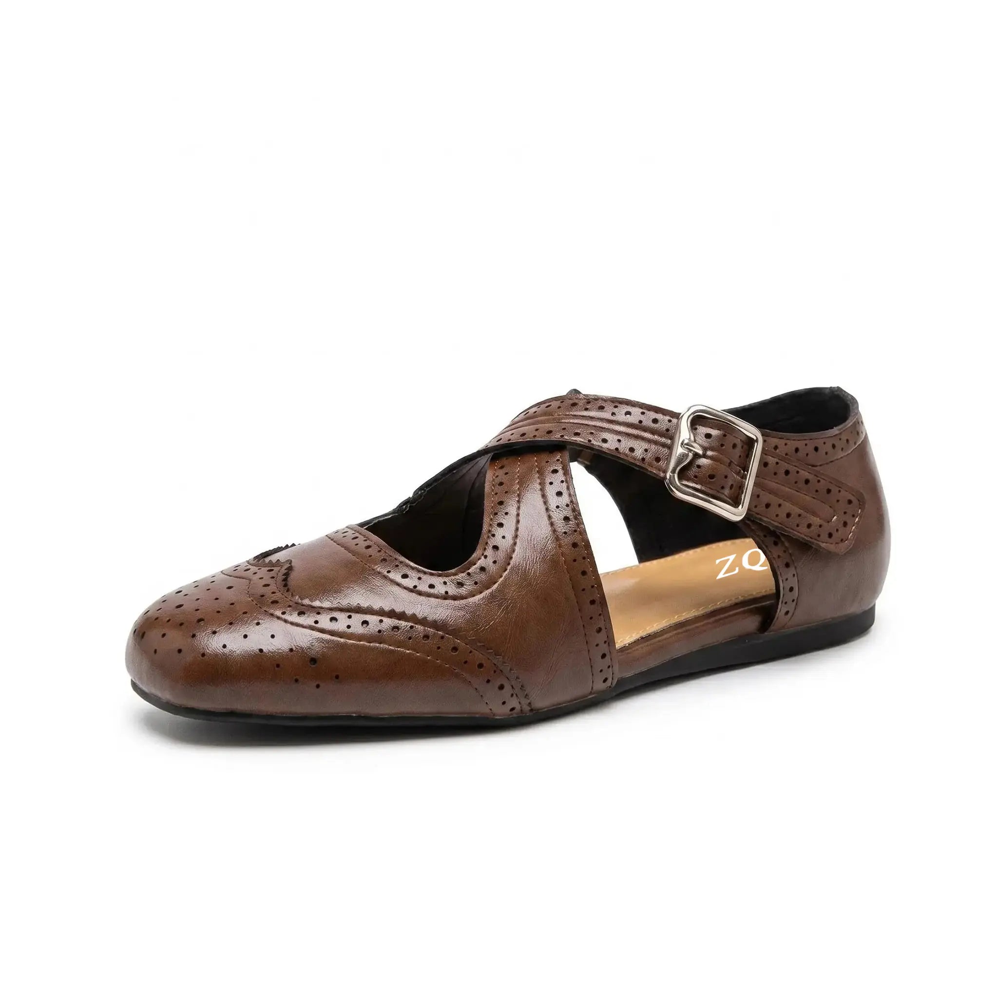 ZQW Western Cross Flats in brown, 45-degree angle view – crisscross straps with hook & loop closure, closed square toe, vegan leather western flat sandal