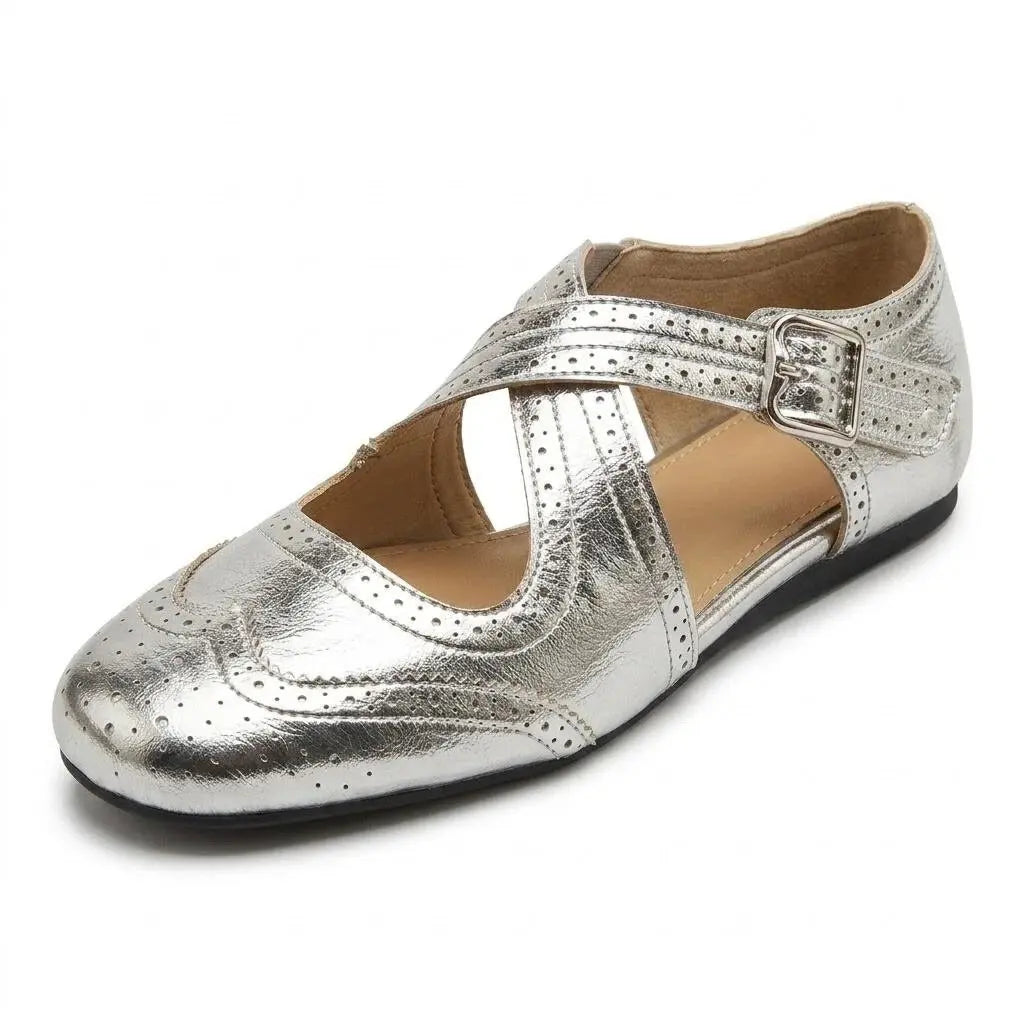ZQW Western Cross Flats in silver, 45-degree angle view – crisscross straps with hook & loop closure, closed square toe, vegan leather western flat sandal