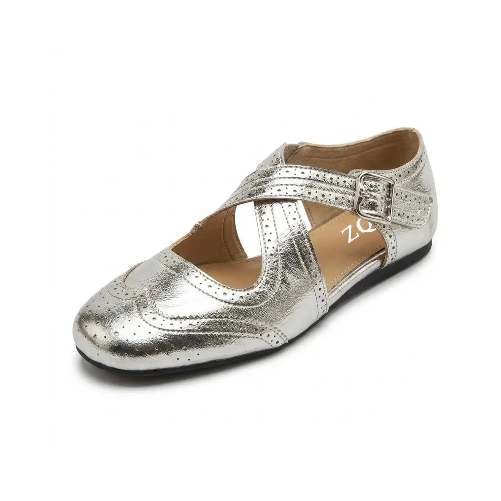 ZQW Western Cross Flats in silver, 45-degree angle view – crisscross straps with hook & loop closure, closed square toe, vegan leather western flat sandal