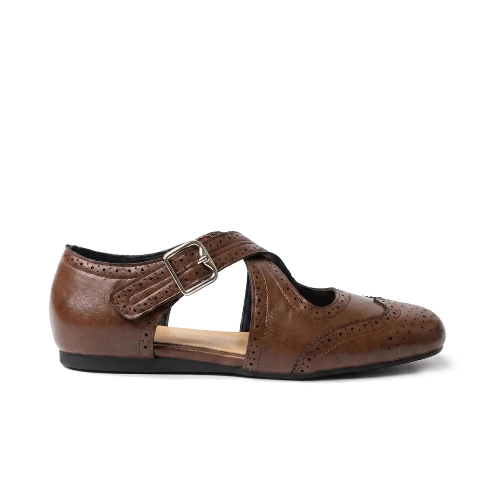 ZQW Western Cross Flats in brown, side view – low profile flat sandal with cushioned insole, anti-slip rubber outsole, adjustable hook & loop straps