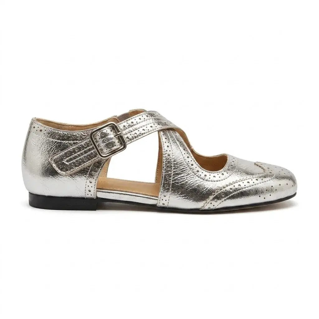 ZQW Western Cross Flats in silver, side view – low profile flat sandal with cushioned insole, anti-slip rubber outsole, adjustable hook & loop straps