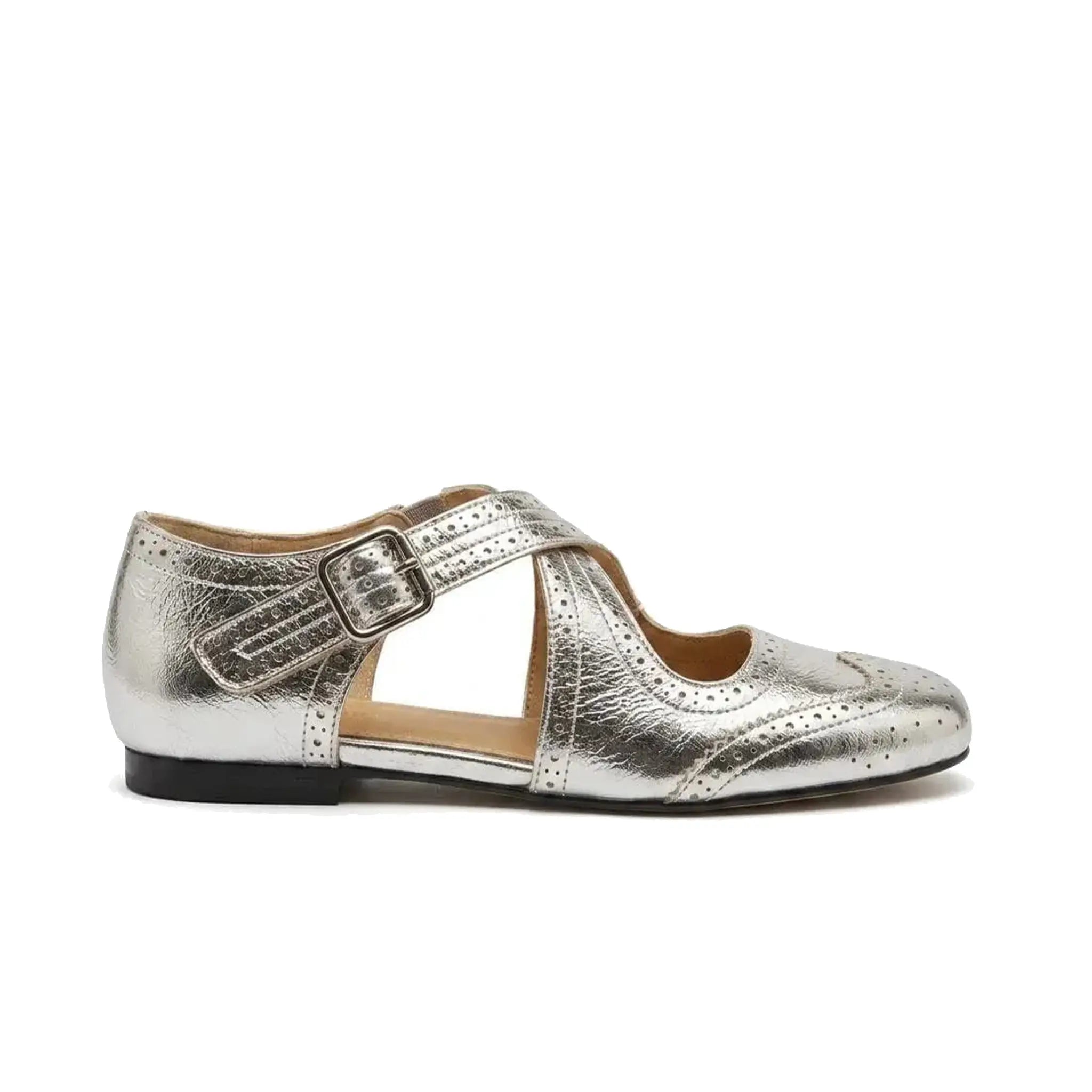 ZQW Western Cross Flats in silver, side view – low profile flat sandal with cushioned insole, anti-slip rubber outsole, adjustable hook & loop straps