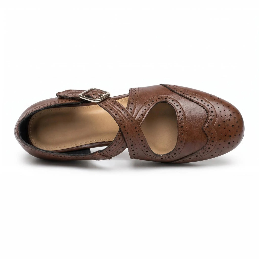 ZQW Western Cross Flats in brown, top view – cross strap design, square toe, breathable vegan leather upper, hook & loop closure