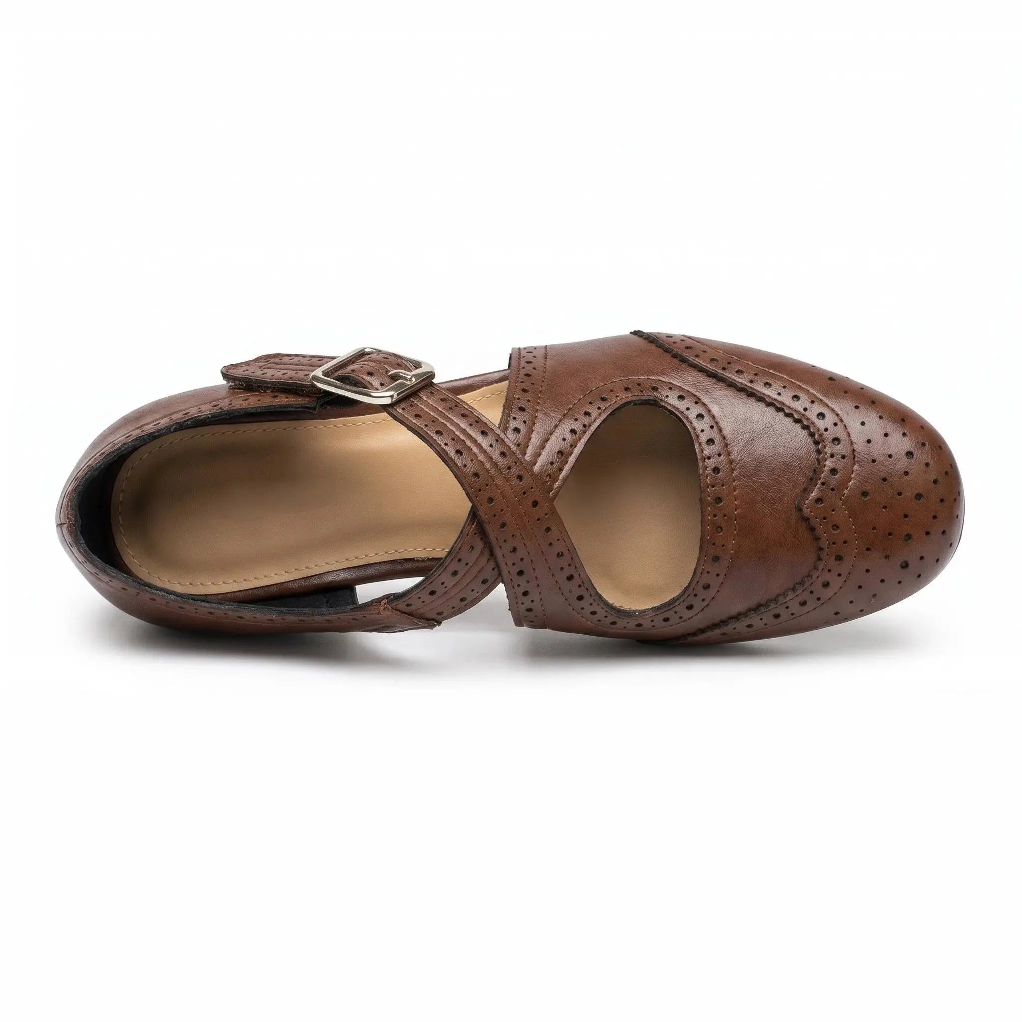 ZQW Western Cross Flats in brown, top view – cross strap design, square toe, breathable vegan leather upper, hook & loop closure