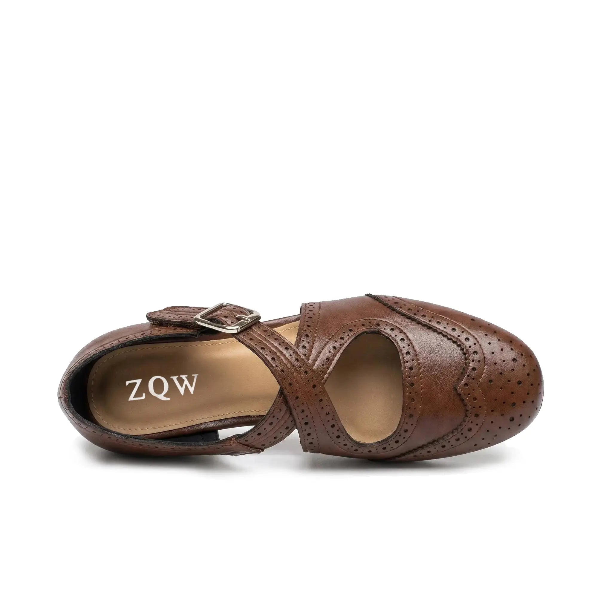 ZQW Western Cross Flats in brown, top view – cross strap design, square toe, breathable vegan leather upper, hook & loop closure