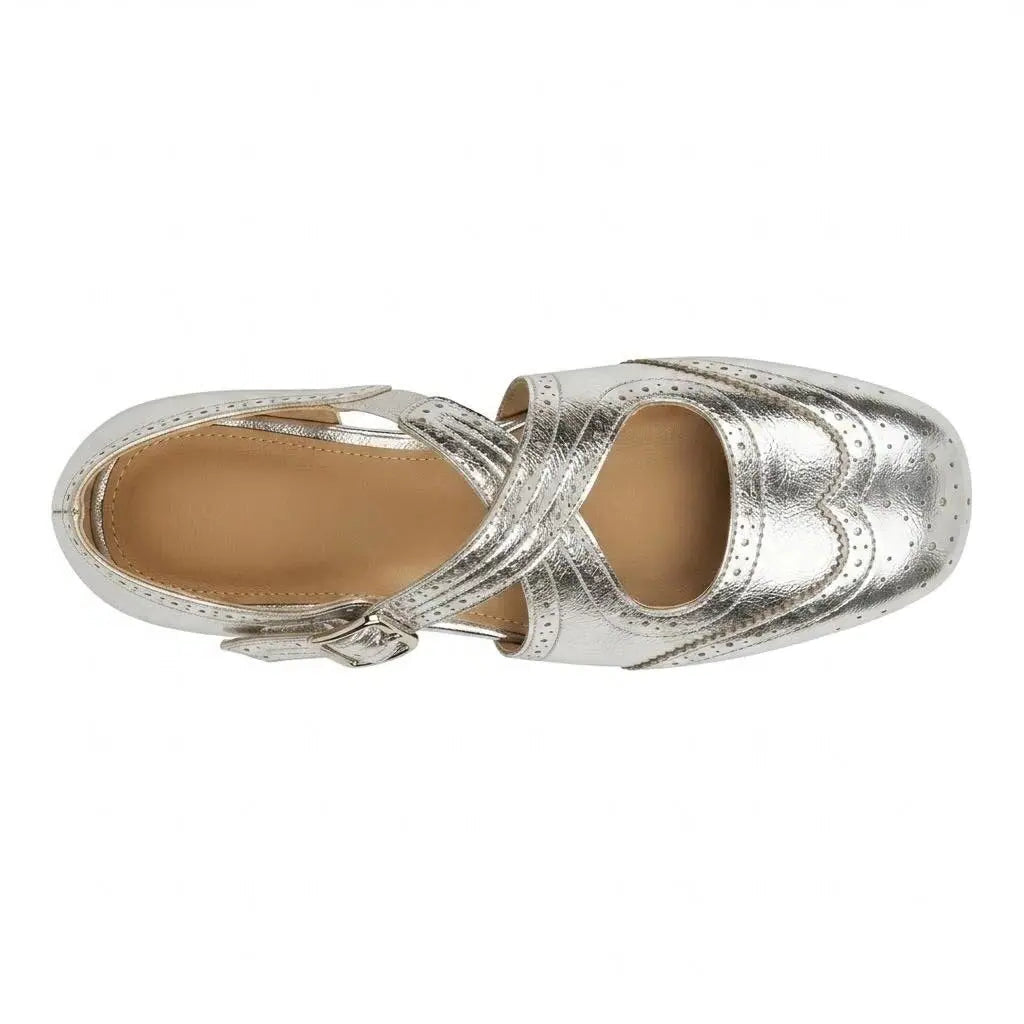 ZQW Western Cross Flats in silver, top view – cross strap design, square toe, breathable vegan leather upper, hook & loop closure