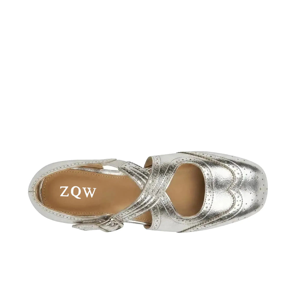 ZQW Western Cross Flats in silver, top view – cross strap design, square toe, breathable vegan leather upper, hook & loop closure