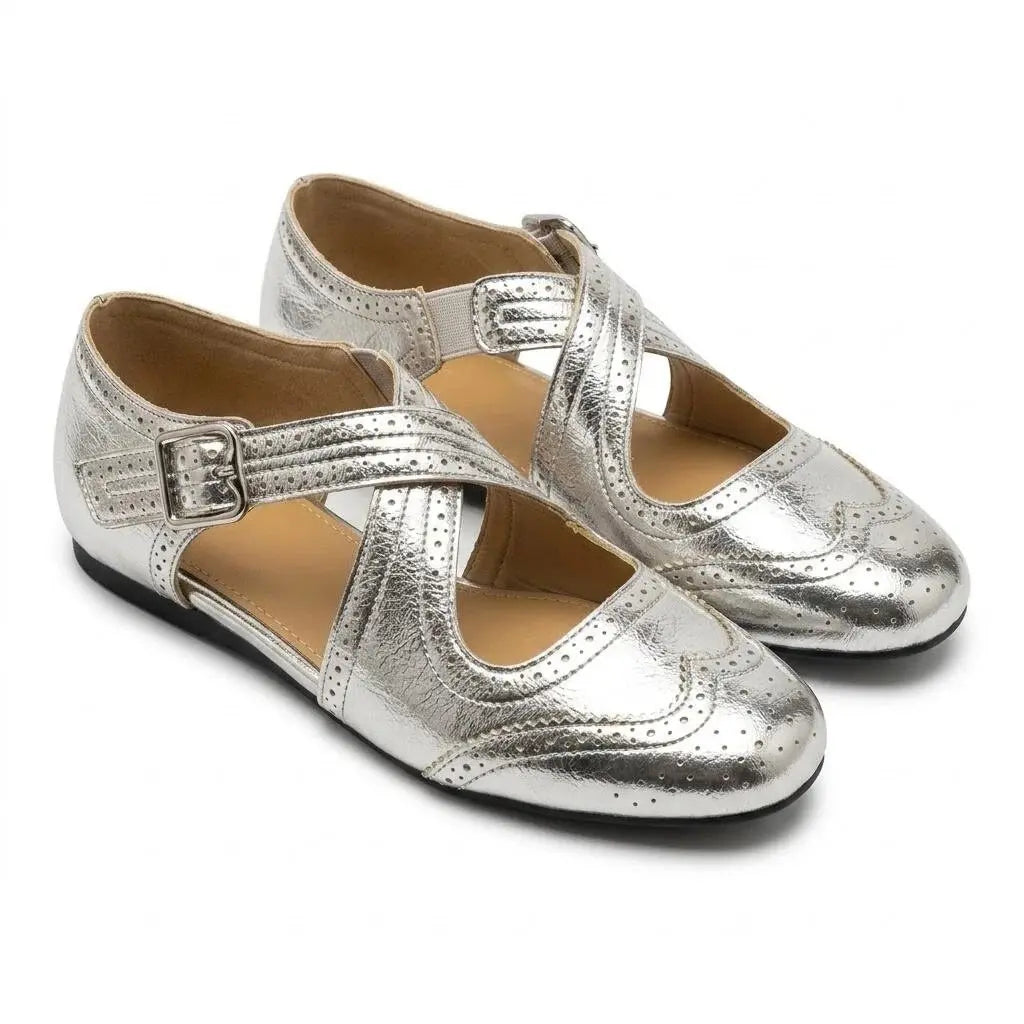 ZQW Western Cross Flats in silver, pair 45-degree view – matching western style cross strap sandals, closed toe, perfect for summer