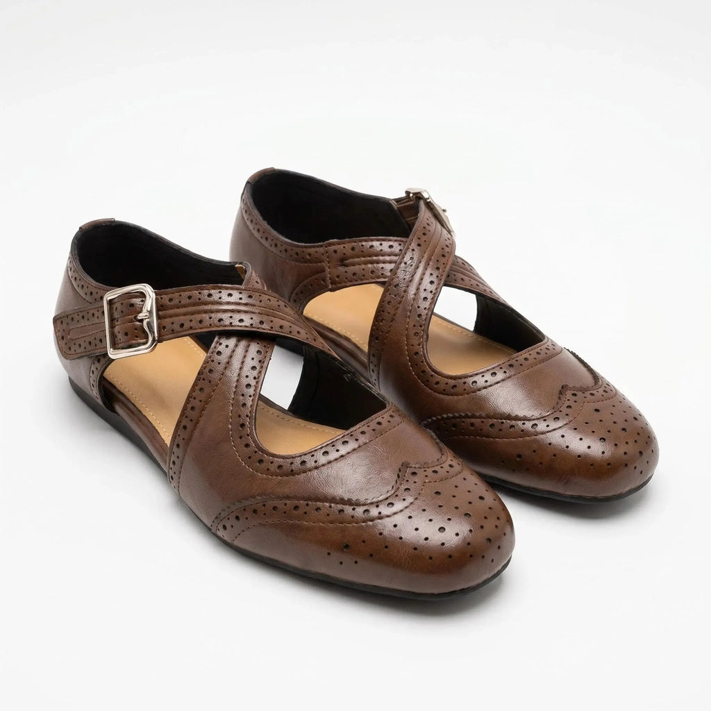 ZQW Western Cross Flats in brown, pair 45-degree view – matching western style cross strap sandals, closed toe, perfect for summer