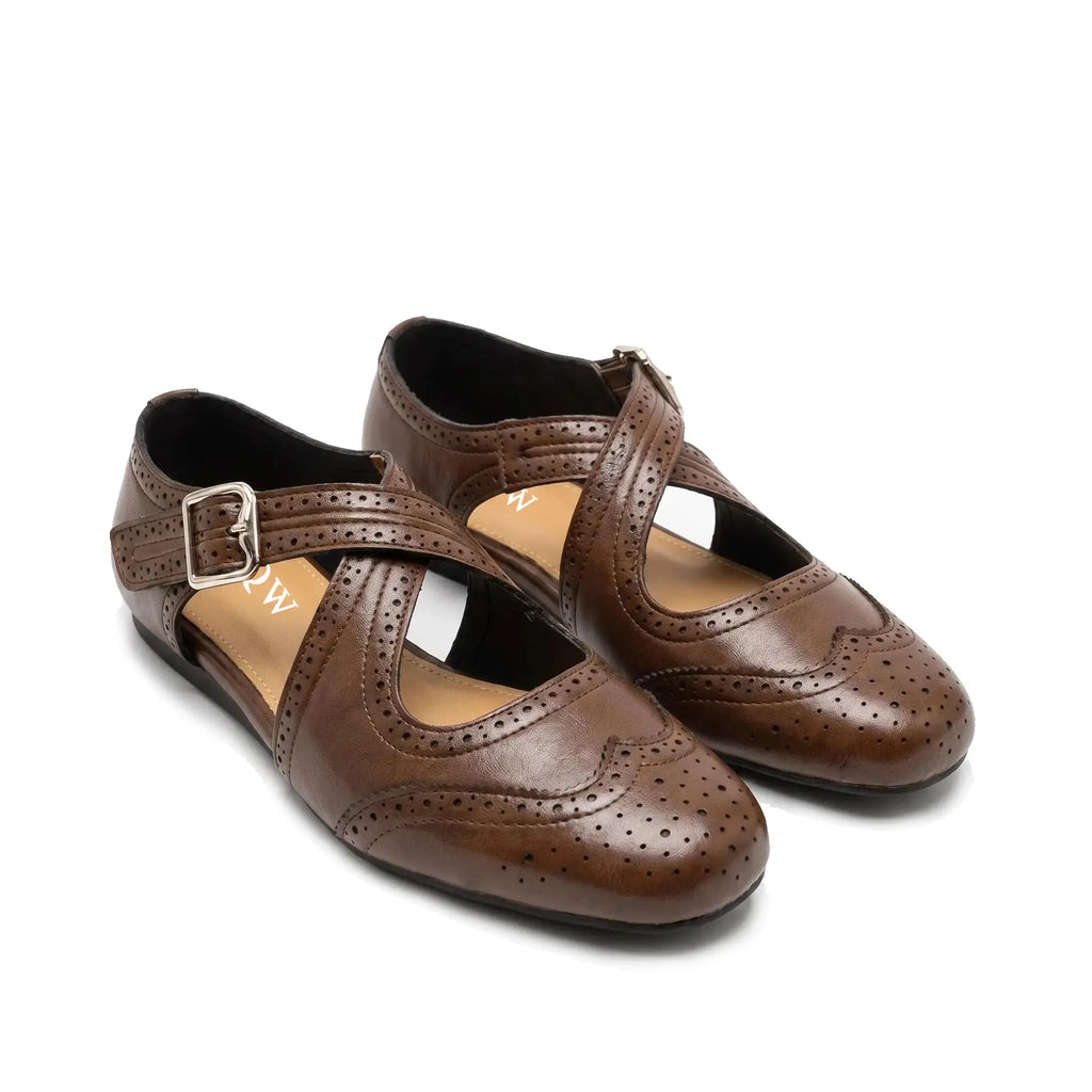 ZQW Western Cross Flats in brown, pair 45-degree view – matching western style cross strap sandals, closed toe, perfect for summer