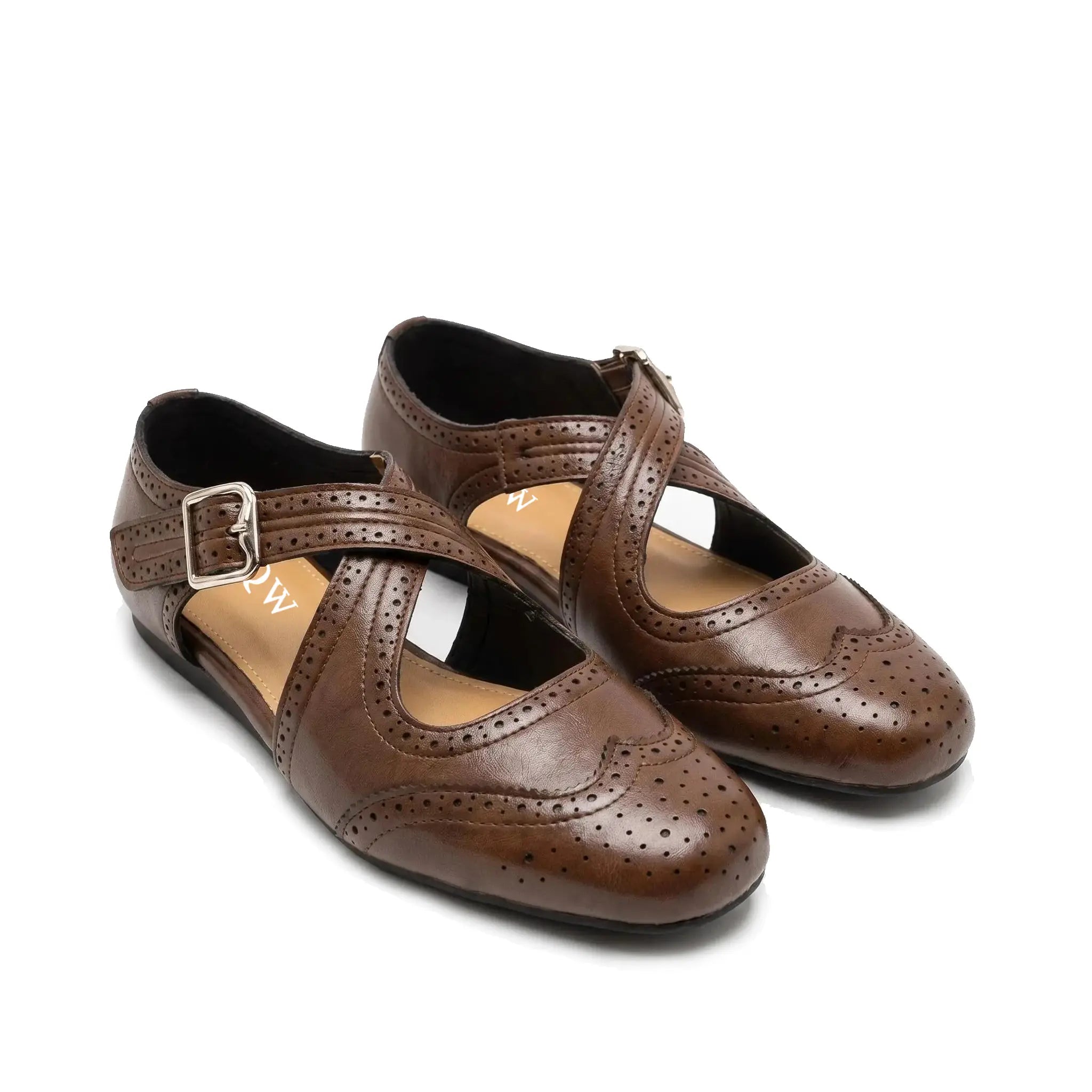 ZQW Western Cross Flats in brown, pair 45-degree view – matching western style cross strap sandals, closed toe, perfect for summer