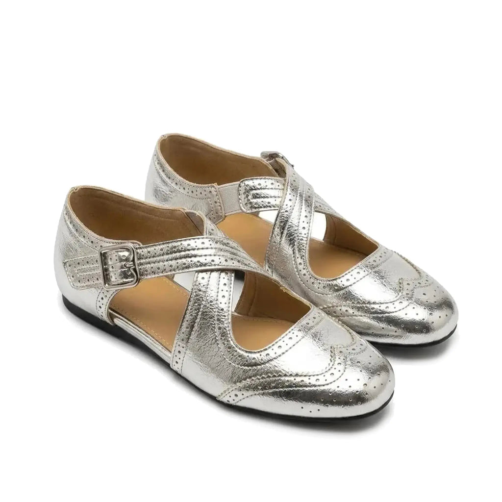 ZQW Western Cross Flats in silver, pair 45-degree view – matching western style cross strap sandals, closed toe, perfect for summer